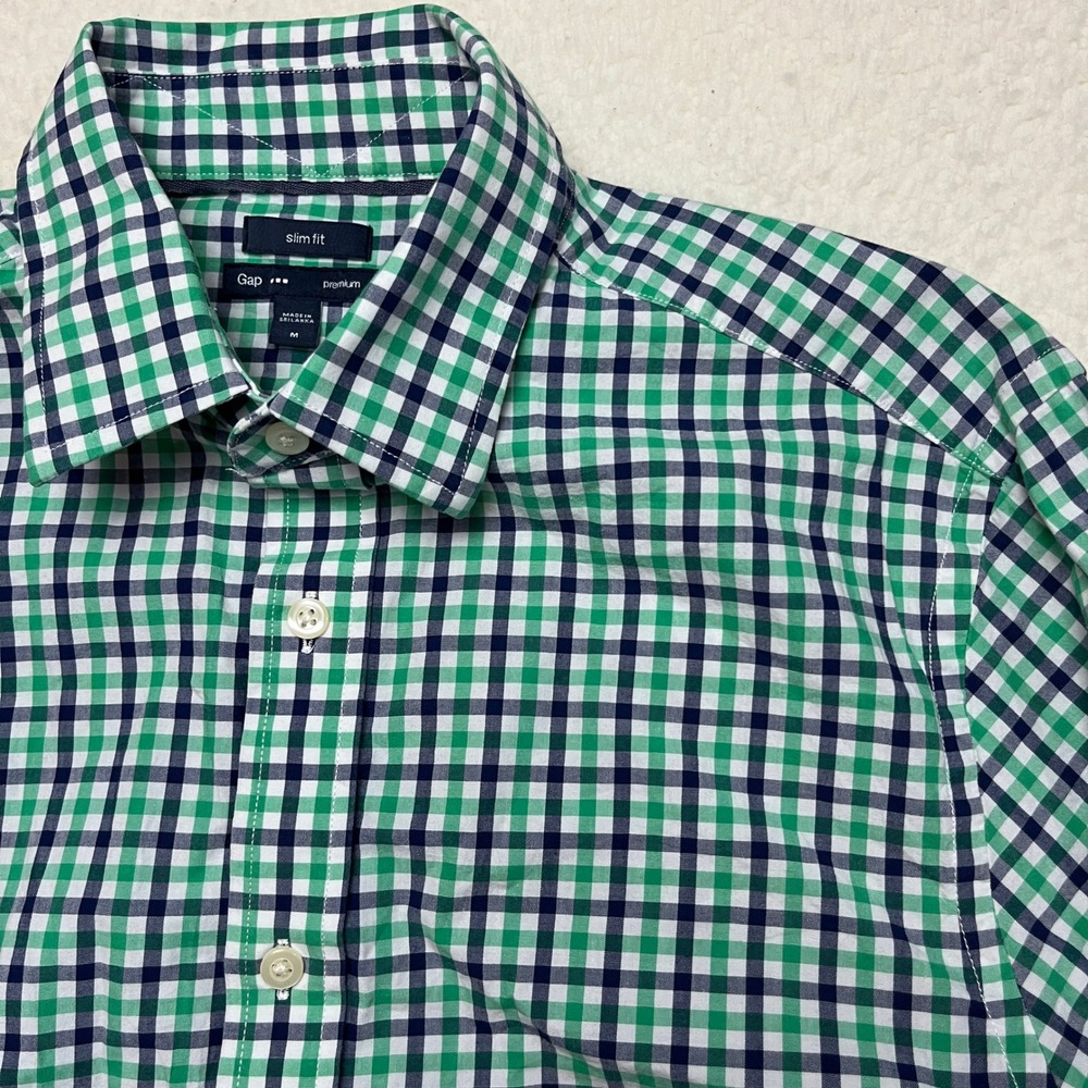 Gap Button Down Mens M Green Premium Slim Fit Gingham Plaid Long Sleeve Shirt